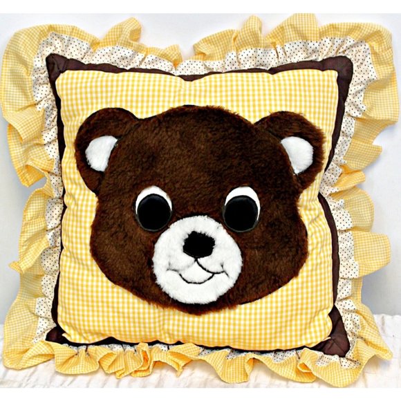 Vtg 70's 80's Hand Made Plaid Yellow Pillow Bear Face Brown Faux Fur Ruffle Trim - Picture 1 of 4